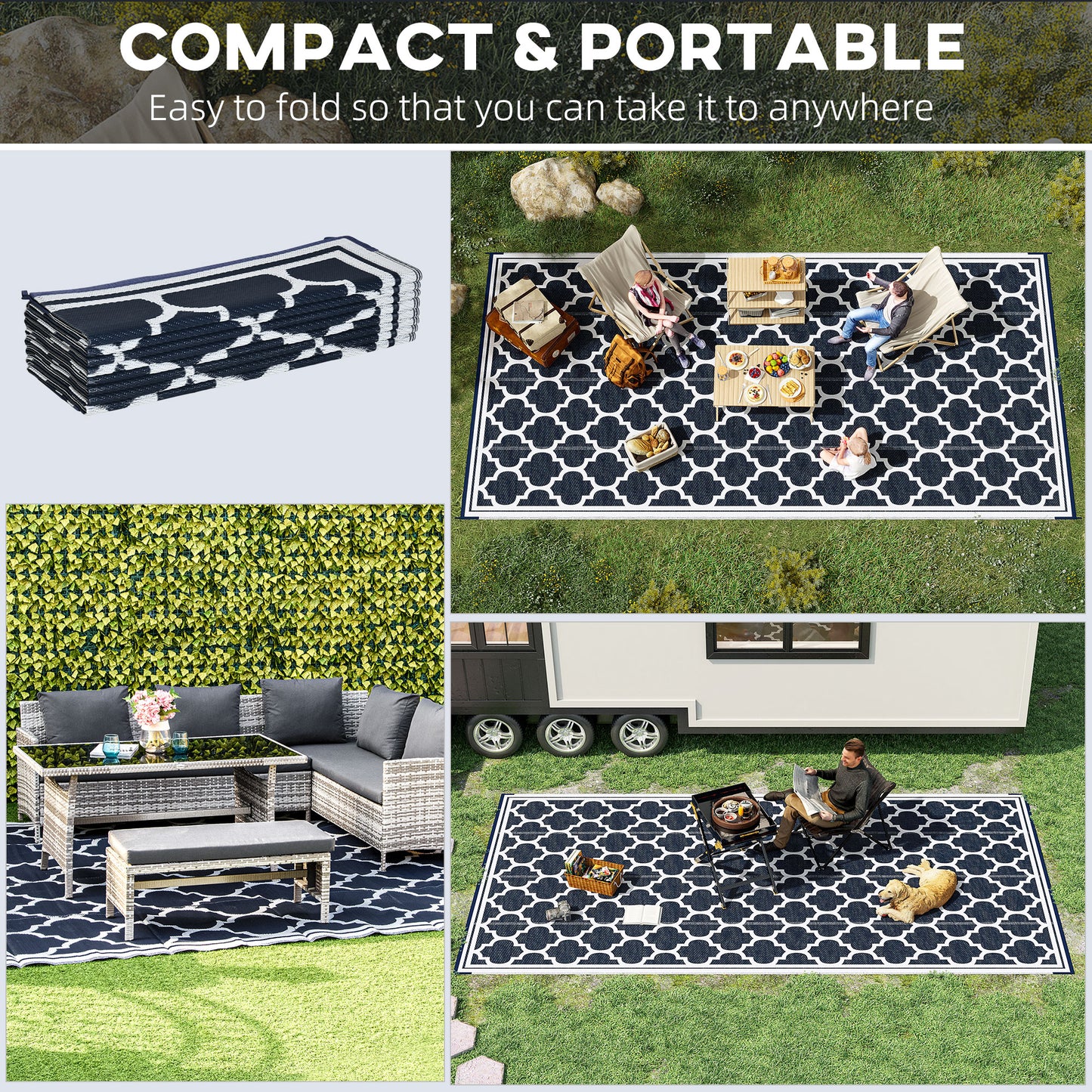 Reversible Outdoor RV Rug, 9' x 18' Patio Floor Mat, Plastic Straw Rug, Dark Blue and White
