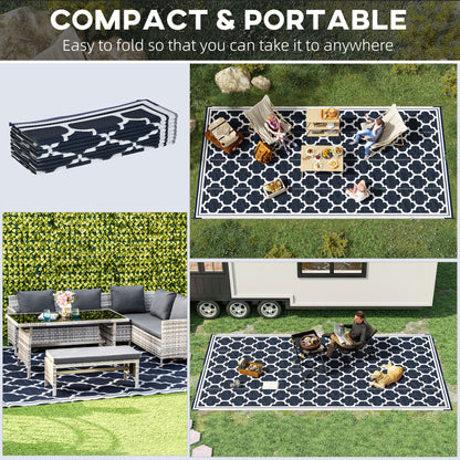 Reversible Outdoor RV Rug, 9' x 18' Patio Floor Mat, Plastic Straw Rug, Dark Blue and White
