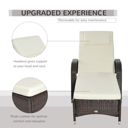 Wicker Chaise Lounge, Outdoor Lounge Chair, PE Rattan Patio Sun lounger with Head-rest, 5-Level Height Adjust Backrest, Cushion & Wheels, Mixed Brown and Cream White