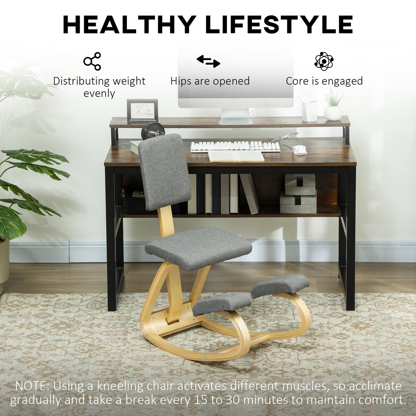 Ergonomic Kneeling Chair, Rocking Wood Kneel Stool with Backrest for Improve Posture, Back Pain, Grey