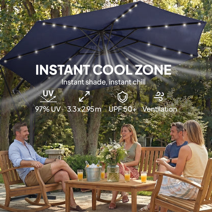9.7ft Solar LED Cantilever Patio Umbrella with 32 LED Lights, Cross Base, Crank Handle, for Poolside, Deck, Dark Blue