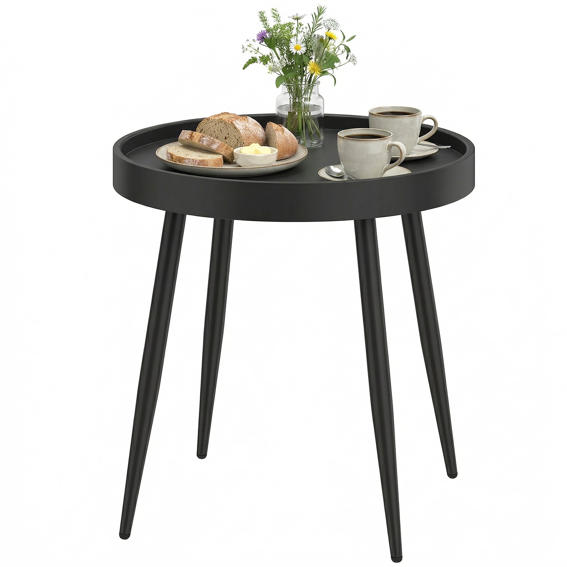 19.5" Round Patio Table, Small Outdoor Patio Coffee Side End Table with Plastic Tray-Style Top, Metal Legs, Black