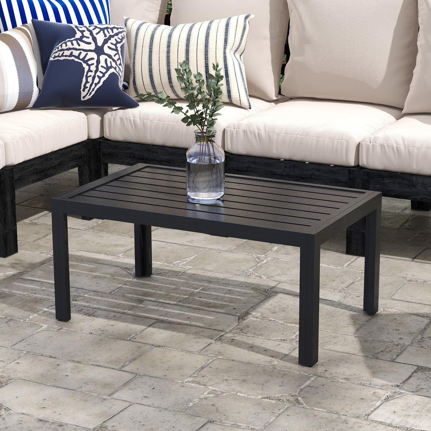 Outdoor Coffee Table, Rectangular Patio Table with Steel Frame and Slat Tabletop for Garden, Balcony, Black