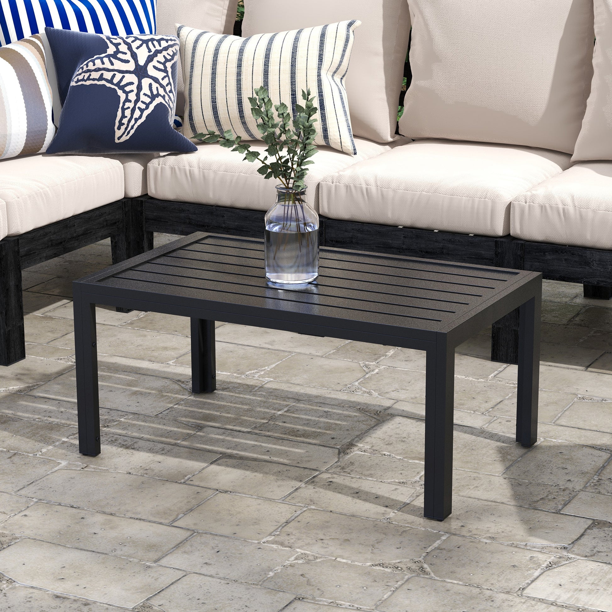Outdoor Coffee Table, Rectangular Patio Table with Steel Frame and Slat Tabletop for Garden, Balcony, Black
