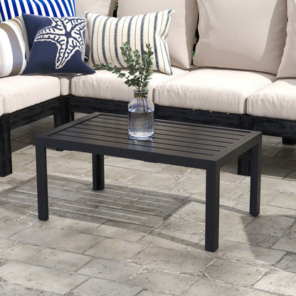 Outdoor Coffee Table, Rectangular Patio Table with Steel Frame and Slat Tabletop for Garden, Balcony, Black
