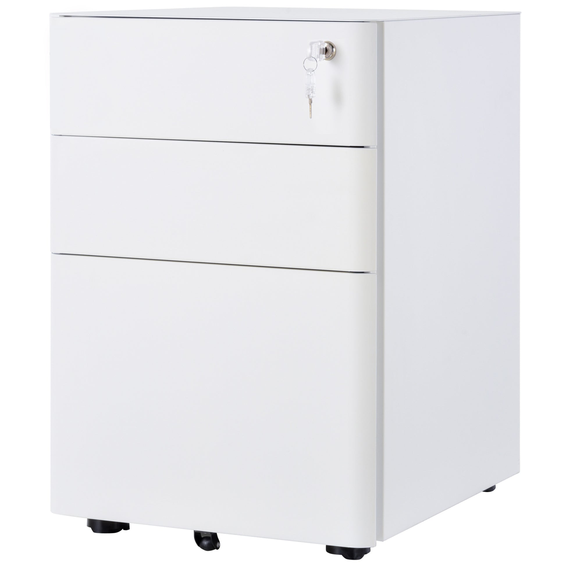 3 Drawer Filing Cabinet, Steel Home Office Storage Cabinet with Wheels, Lock for A4, Letters, Legal-sized Files, White