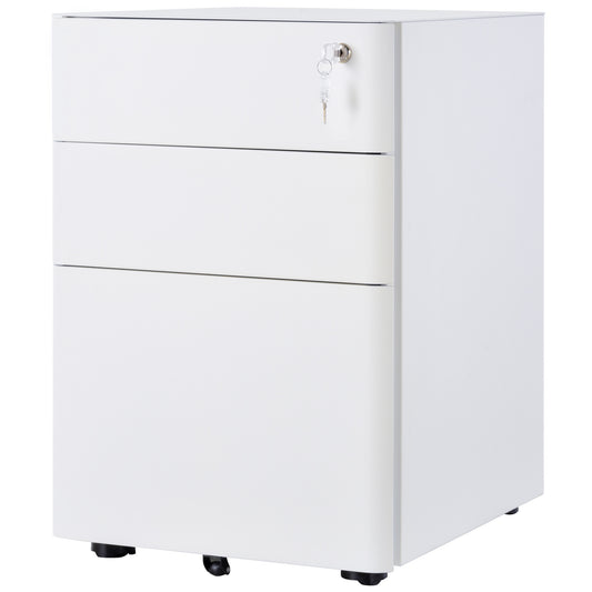 3 Drawer Filing Cabinet, Steel Home Office Storage Cabinet with Wheels, Lock for A4, Letters, Legal-sized Files, White