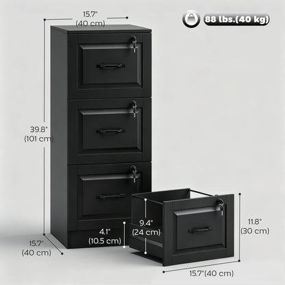 3 Drawer File Cabinet with Lock, Vertical Filing Cabinet with Adjustable Hanging Bars for A4 and Letter Size, Black