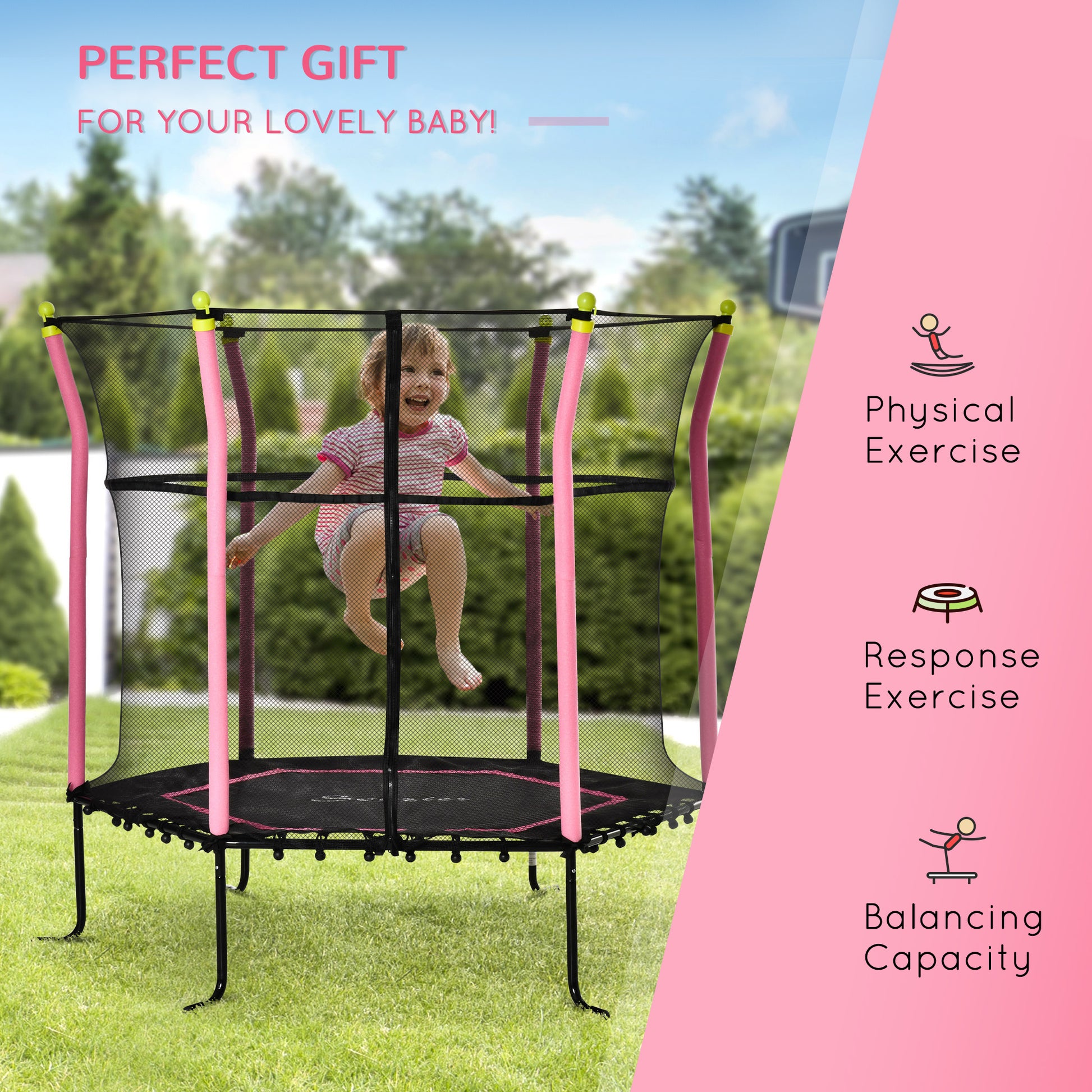 Soozier 63" Kids Trampoline Mini Indoor Bouncer Jumper with Enclosure Net Elastic Thick Padded Pole Gift for Child Toddler Age 3-6 Years Old Pink