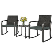 3 Pieces Rocking Bistro Set Outdoor Patio Furniture Set with Cushions, Glass Coffee Table for Balcony, Grey