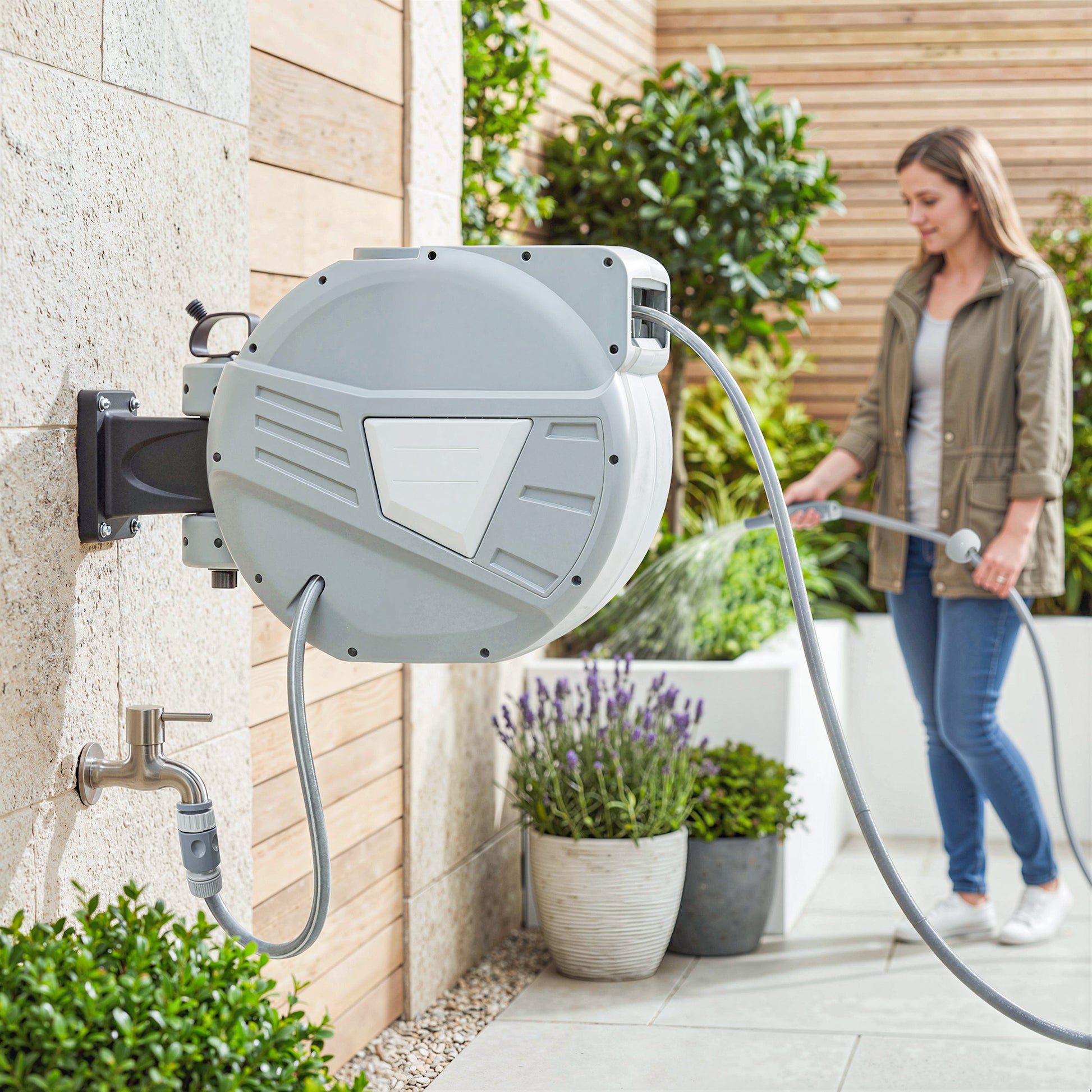 Retractable Garden Hose Reel, 1/2" x 66ft Wall Mounted Hose Reel with Auto Retraction, Self-Locking, Grey