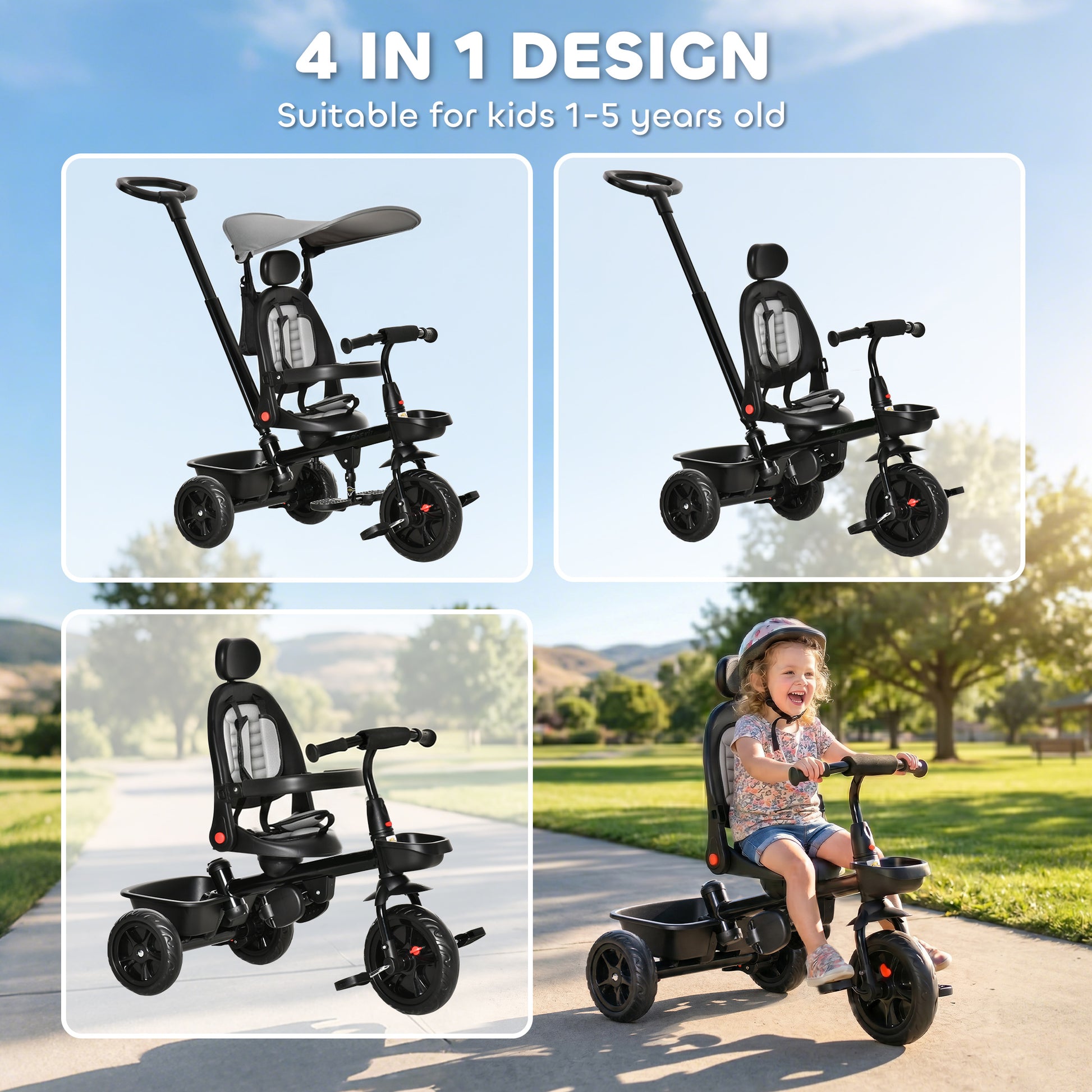 Qaba Tricycle for Toddler 4 in 1 Kids Trike, Converts Stroller to Toddler Bike, Adjustable Backrest & Flat Canopy, Detachable Guardrail & Handle for 1-5 Years Old, Grey