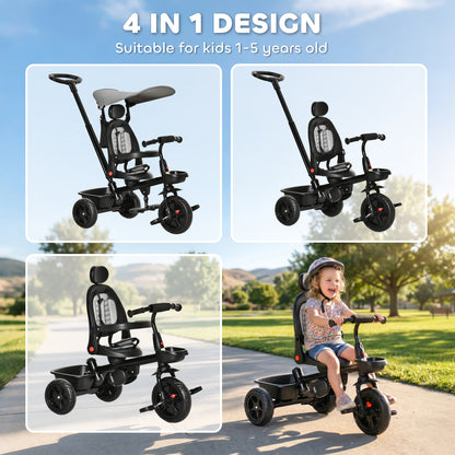 Qaba Tricycle for Toddler 4 in 1 Kids Trike, Converts Stroller to Toddler Bike, Adjustable Backrest & Flat Canopy, Detachable Guardrail & Handle for 1-5 Years Old, Grey