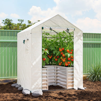 Greenhouse with Raised Garden Bed, Galvanized Metal Planter Box with PE Cover, Roll Up Door, 56" x 56" x 75", White