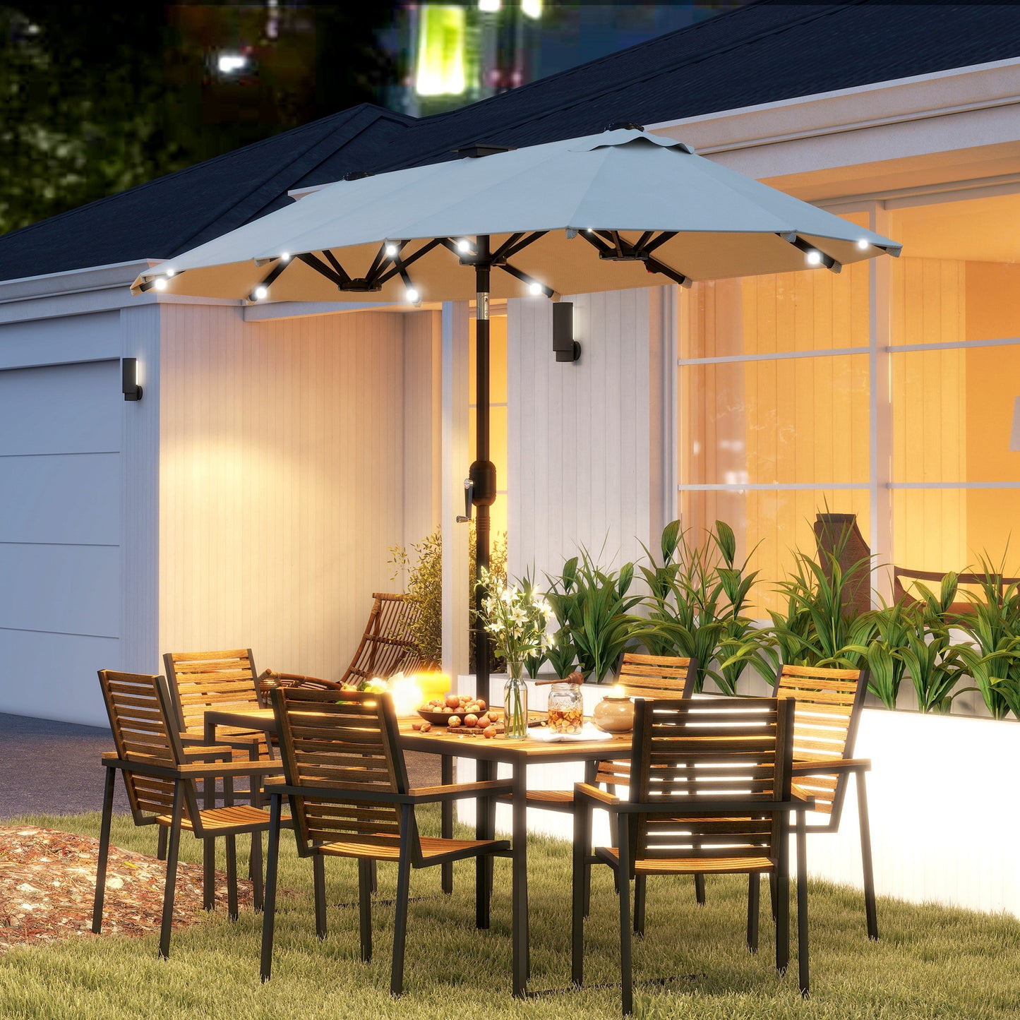 10ft Double-Sided Patio Umbrella with 35 LED Lights, 12 ribs, Extra Large Outdoor Parasol with Twin Canopy, Beige