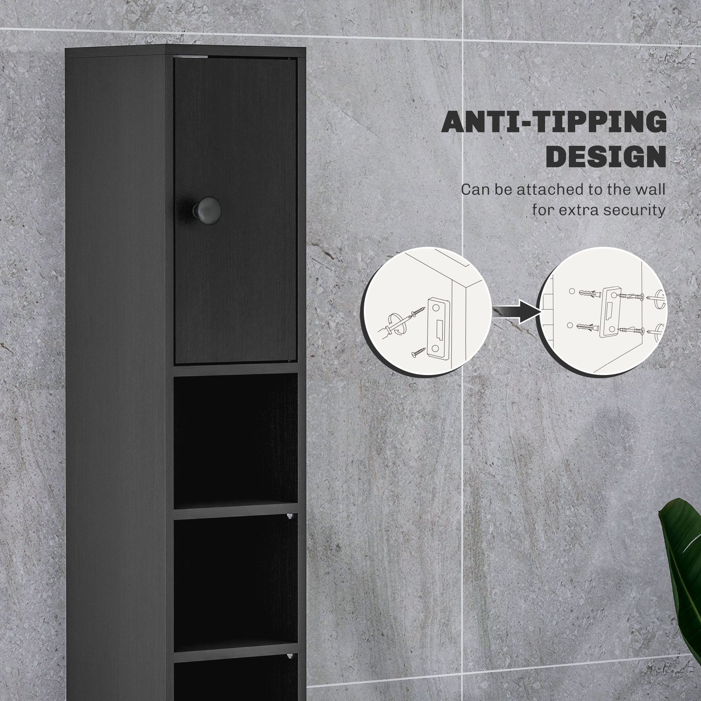 71" Tall Bathroom Cabinet, Narrow Toilet Paper Cabinet with Open Shelves, 2 Door Cabinets, Adjustable Shelves, Black
