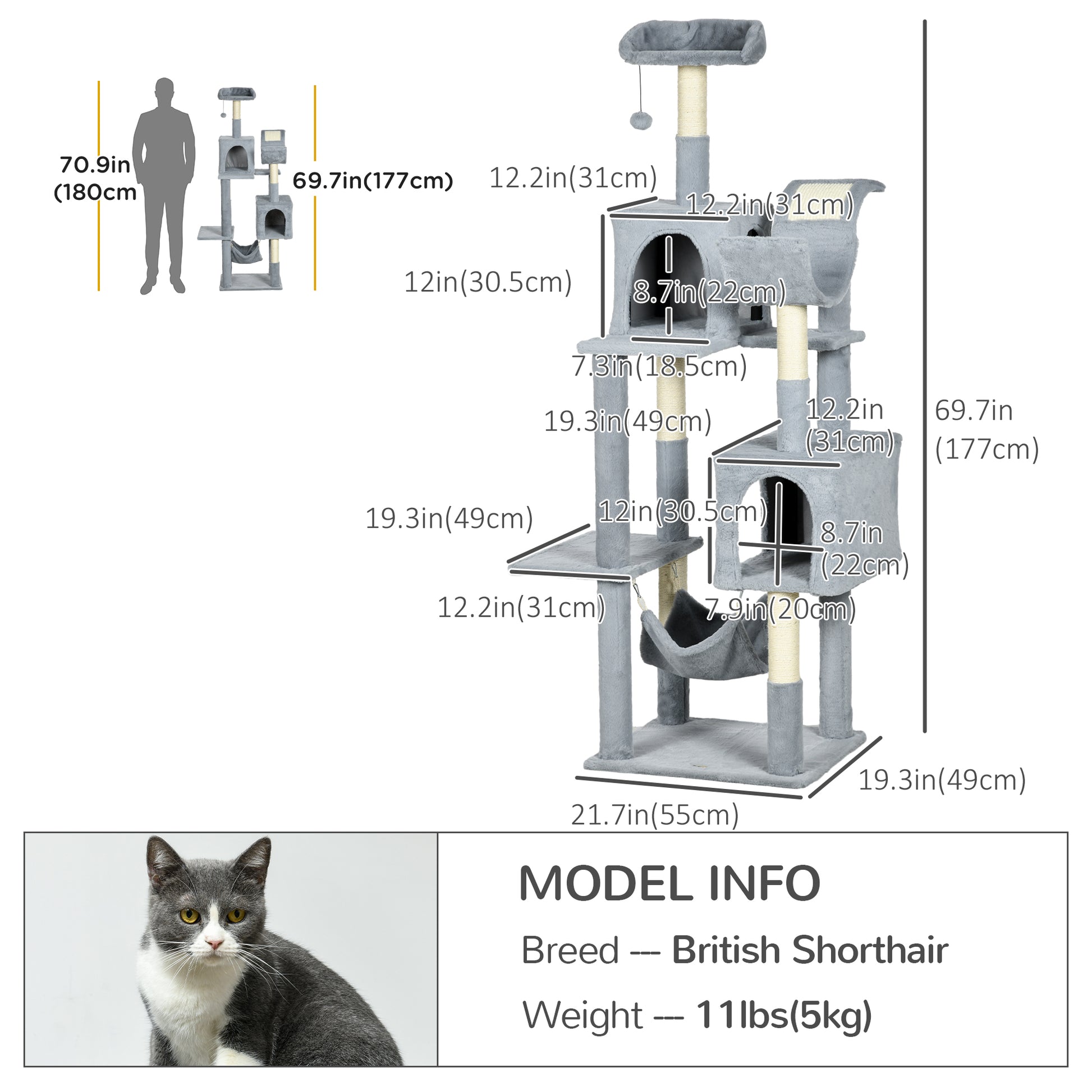 Tall Cat Tree for Indoor Cats, 70" Multi-Level Cat Tower with Hammock, Cat Bed, Cat Condo with Sisal Scratching Posts, Bluish Grey