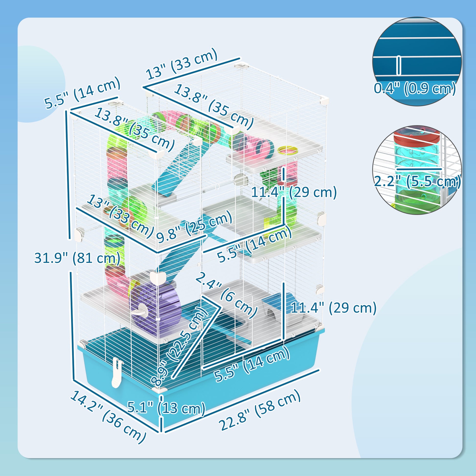 6 Tier Hamster Cage w/ Tunnels and Tubes, Hut, Wheel, Food Dish, Water Bottle, Ramps, for Dwarf & Gerbil, Light Blue