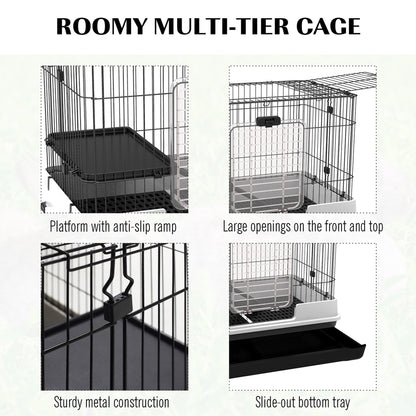 28"H Guinea Pig Cage, 2-Level Rabbit Cage for Ferret, Chinchilla, Hedghog, Bunny, Small Animal Habitat with Wheels, Slide-out Tray, Ramp, Black