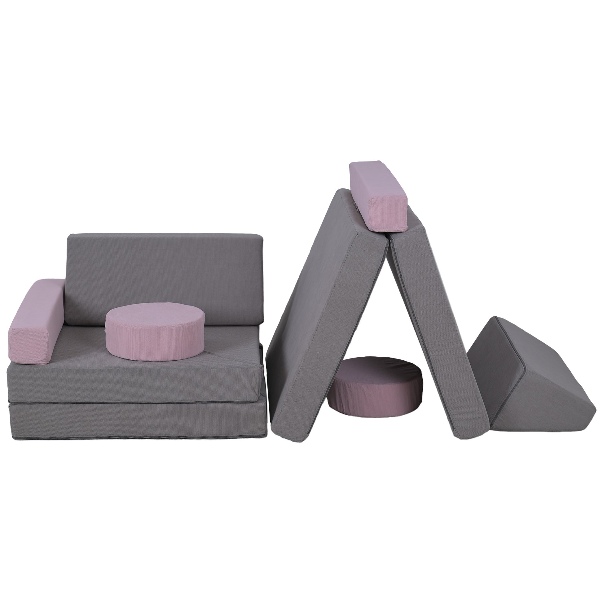 Qaba 12-Piece Modular Kids Play Couch Building Fort for Playroom Bedroom, Convertible Kids Sofa, Grey