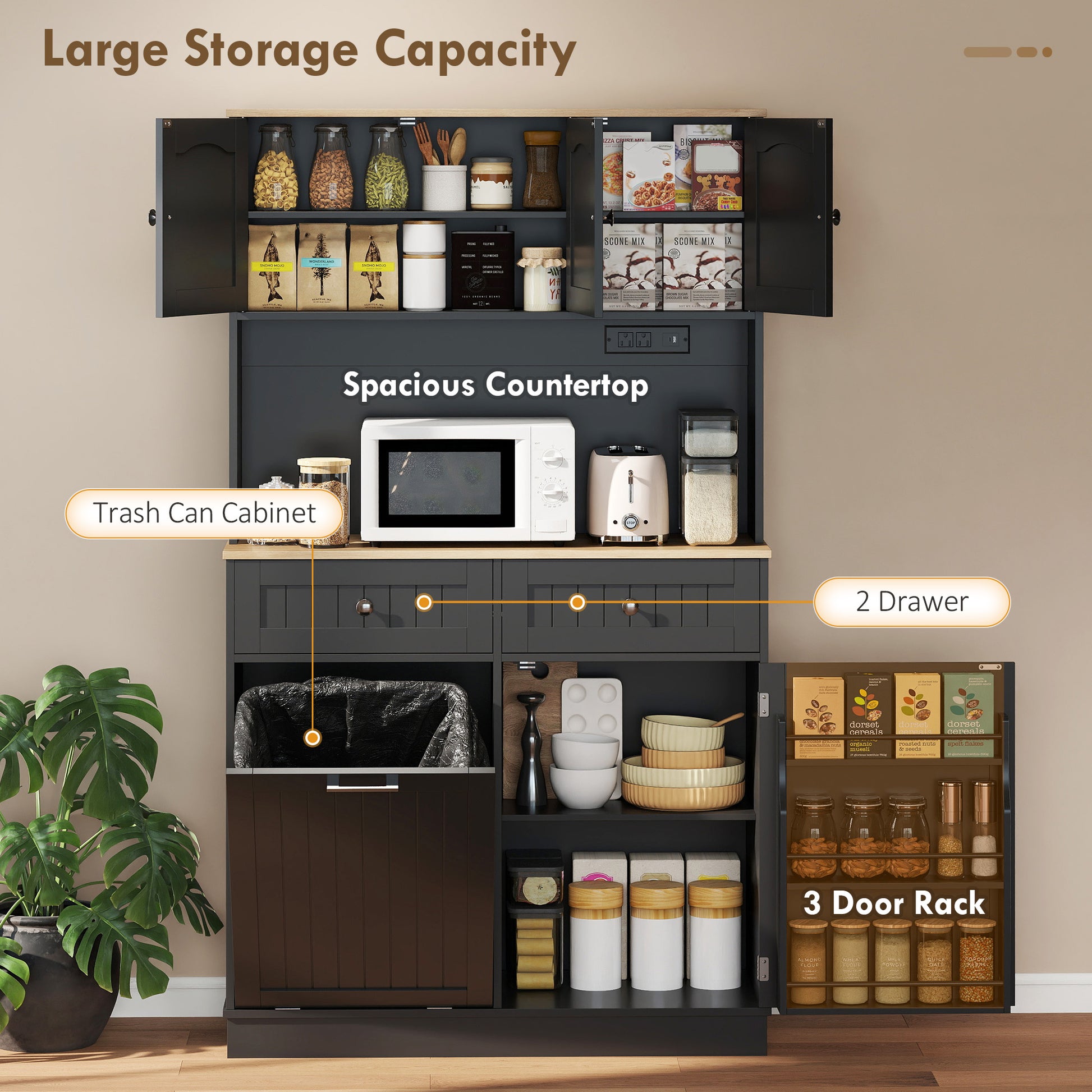 68" Pantry Cabinet with Charging Station, Storage Cabinet with Microwave Stand, 10 Gallon Trash Can Cabinet, Black