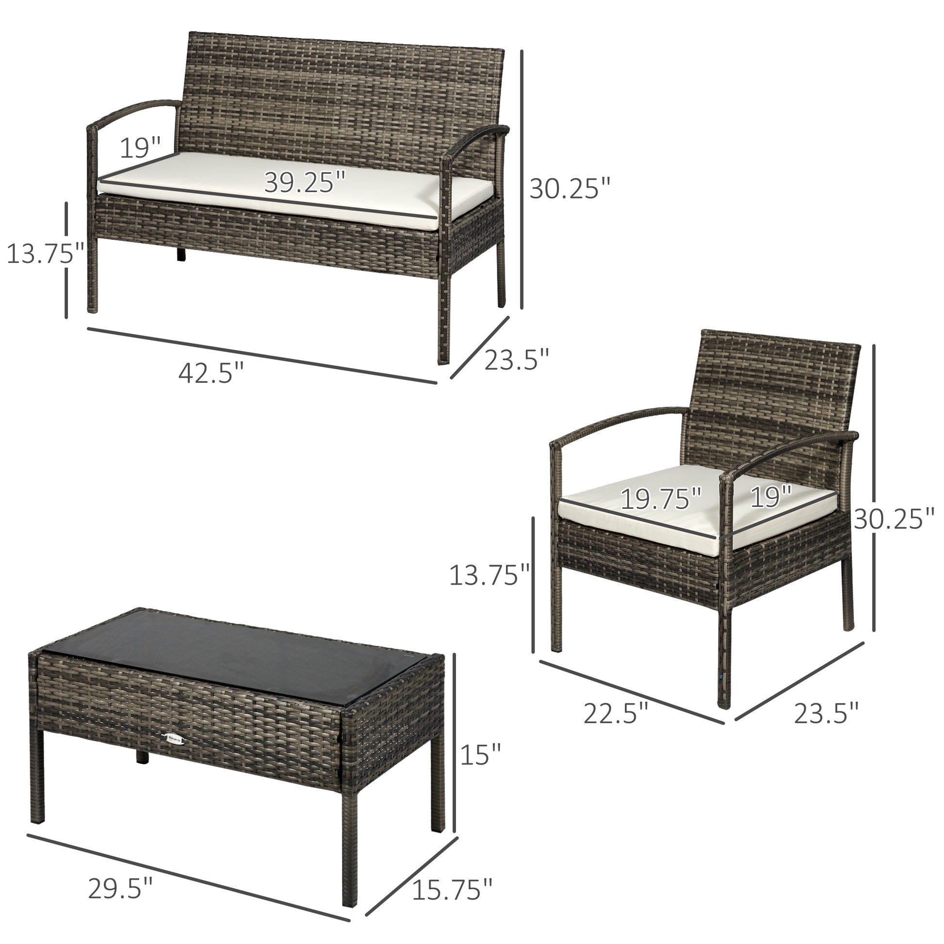 4 Pieces Patio Furniture Sets with A Loveseat, Two Armchairs and A Coffee Table, Outdoor Conversation Set with Glass Top Table, Grey PE Rattan and Cream White Cushions