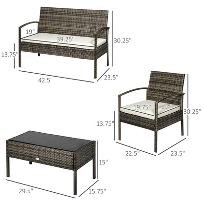 4 Pieces Patio Furniture Sets with A Loveseat, Two Armchairs and A Coffee Table, Outdoor Conversation Set with Glass Top Table, Grey PE Rattan and Cream White Cushions
