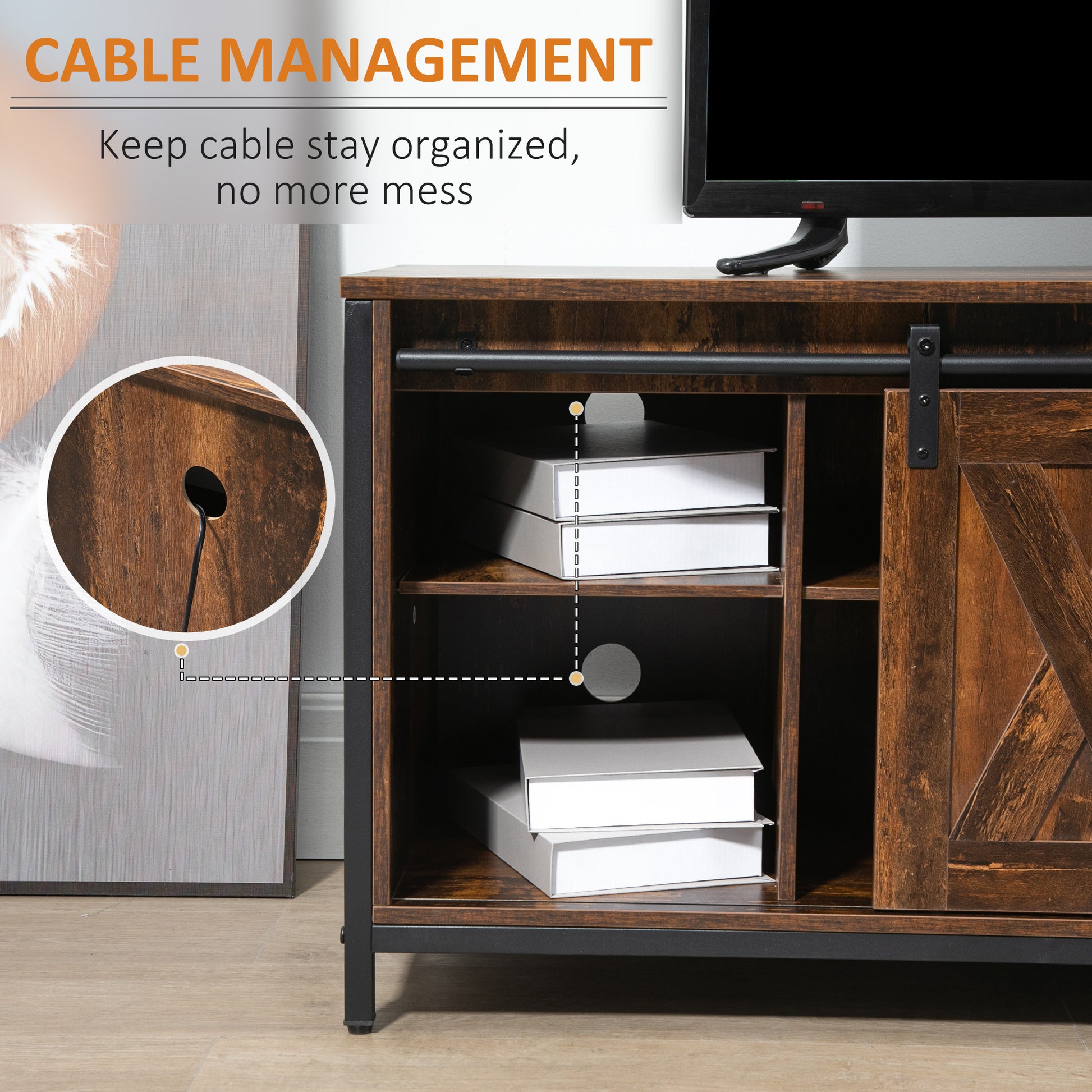 Industrial TV Stand for TVs up to 60", TV Console with Storage and 2 Sliding Barn Doors, Freestanding Entertainment Unit for Living Room, Bedroom, Brown