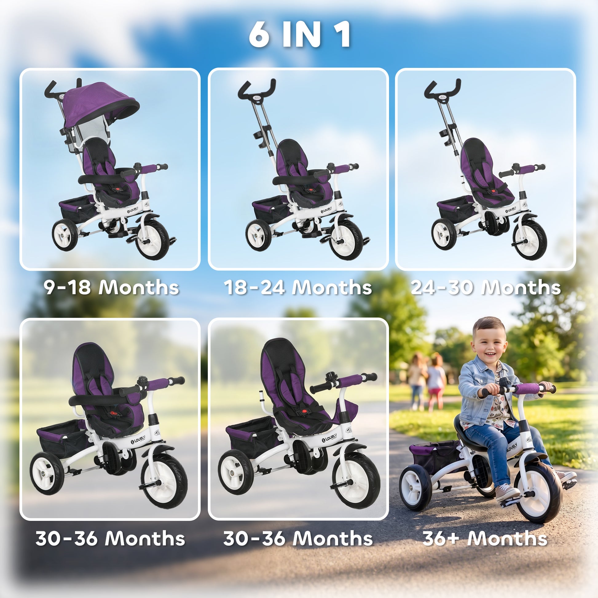 Qaba 6 in 1 Toddler Tricycle Stroller with Basket, Canopy, 5-point Safety Harness, for 12-60 Months, Purple
