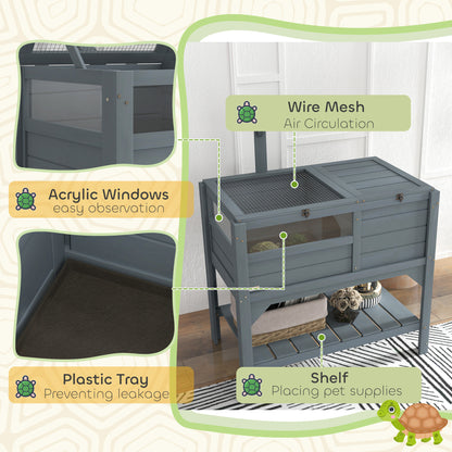 Wooden Tortoise House Habitat with Shelf, Light Support Frame, Tray for Indoor Use, 33" L x 20" W x 41" H
