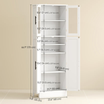 Tall Bathroom Cabinet with Glass Doors, Space-Saving Unit with Adjustable Shelves, Freestanding Storage, White