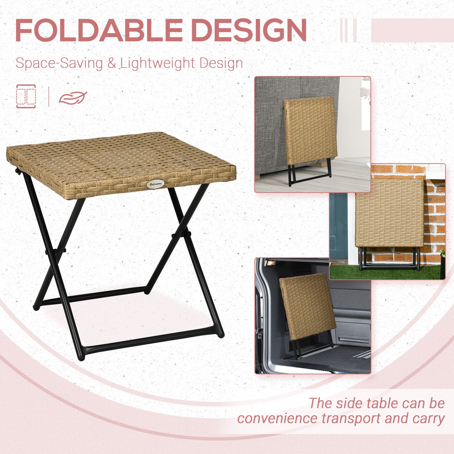 Patio Wicker Coffee Table, Outdoor PE Rattan Garden Folding Side Table, 15.75"x15.75"x15.75", Nature Wood