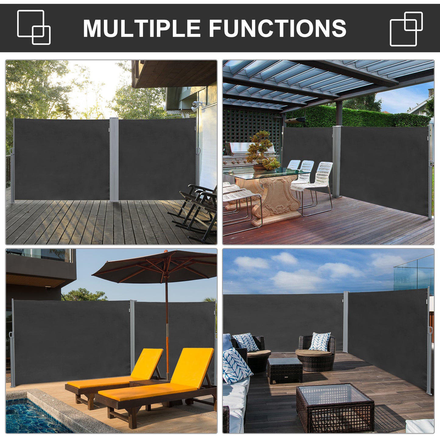 118" x 71" Outdoor Folding Privacy Screen Retractable Side Awning Patio with Resistance to UV Rays and Wind Grey