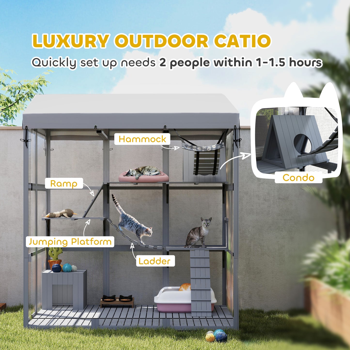 81"H Catio Outdoor with Floor to Prevent Escaping & Easy Cleaning, for 2-4 Cats Kittens, Grey