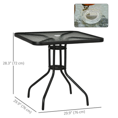 Square Patio Dining Table with Umbrella Hole Tempered Glass Top Outdoor Dining Table for Garden Balcony Black