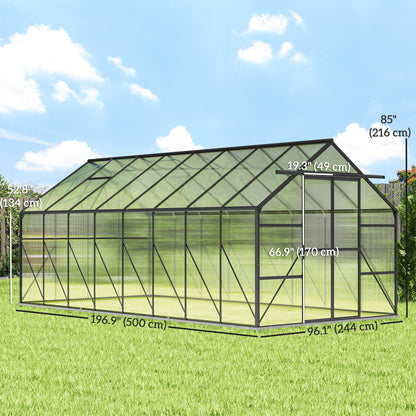 Aluminum Greenhouse Polycarbonate Walk-in Garden Greenhouse Kit with Rain Gutter and Sliding Door, 16' x 8', Dark Grey