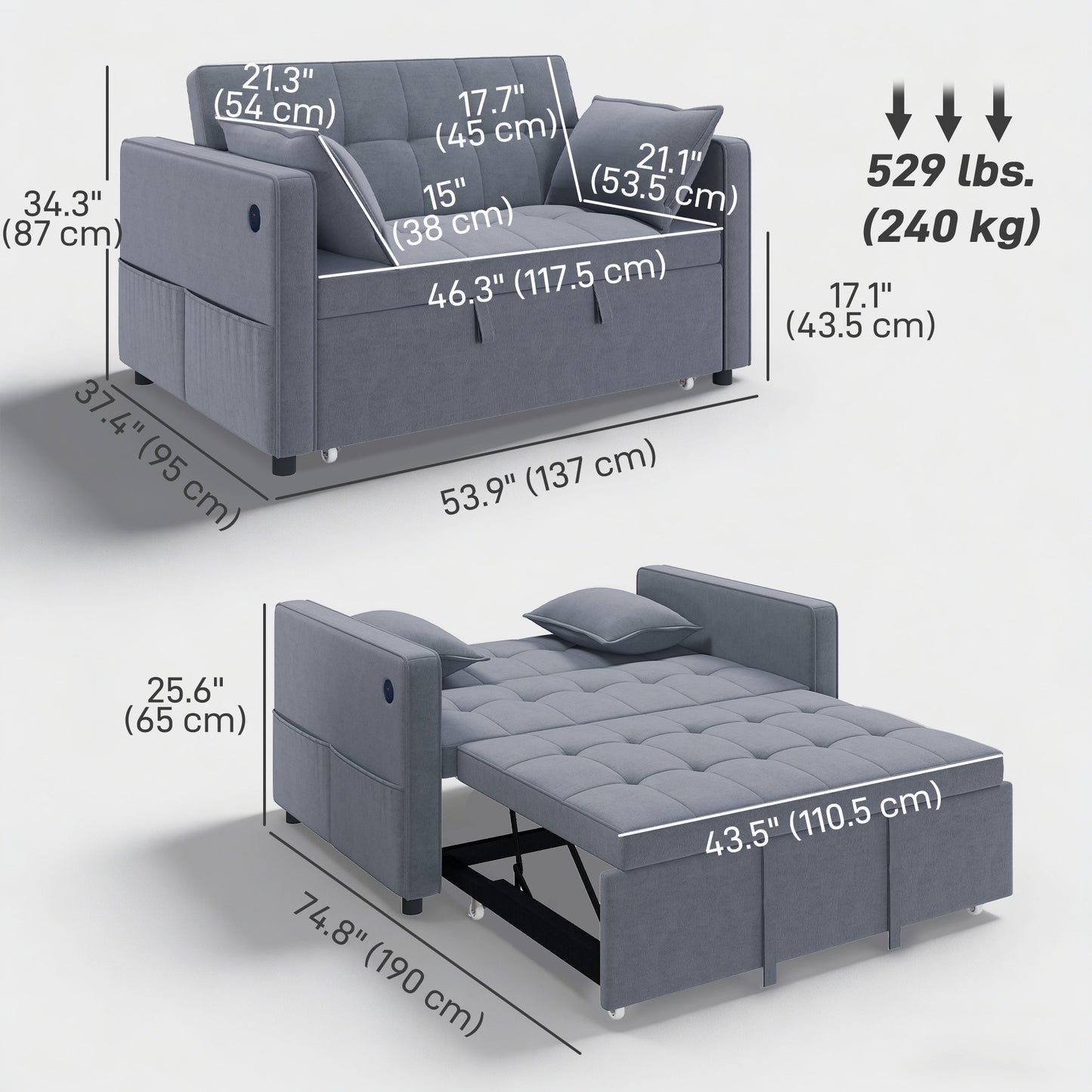 3‑in‑1 Convertible Sofa Bed, Pull Out Sleeper Sofa with USB Charging, Adjustable Backrest, Side Pockets, Dark Grey