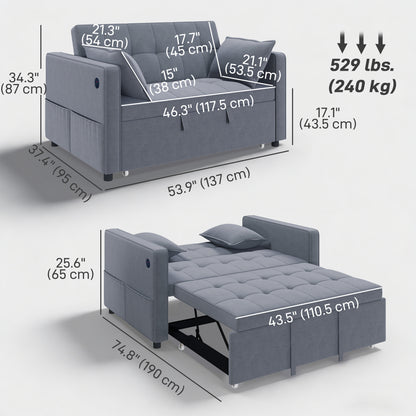 3‑in‑1 Convertible Sofa Bed, Pull Out Sleeper Sofa with USB Charging, Adjustable Backrest, Side Pockets, Dark Grey