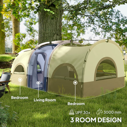 4-6 Person Camping Tent, 3 Room Cabin Tent, 3000mm Waterproof and UPF30+ with Sewn in Groundsheet and Carry Bag, Khaki