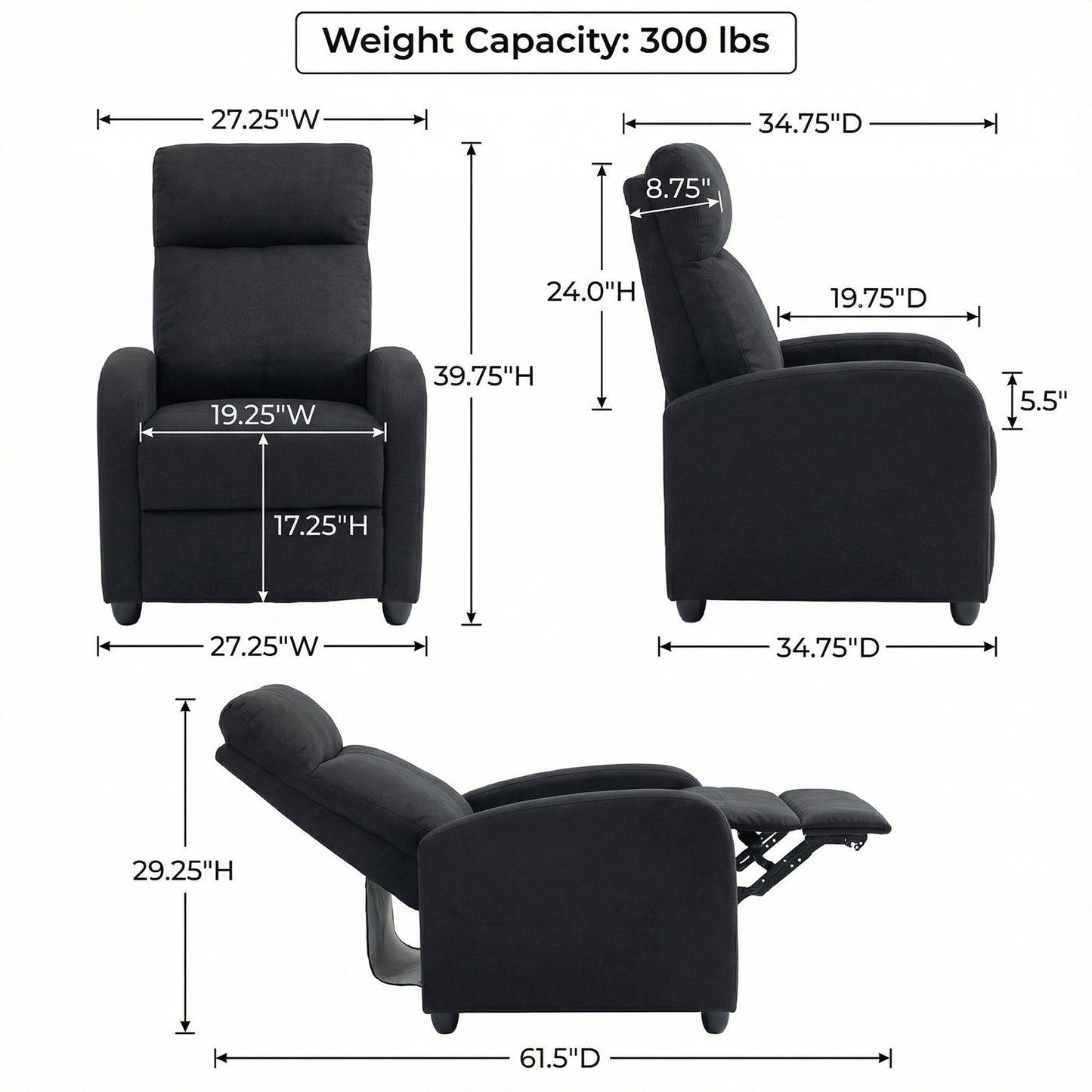 Single Recliner Sofa, Manual Home Theater Seating, Single Reclining Sofa Chair with Padded Seat for Living Room, Black