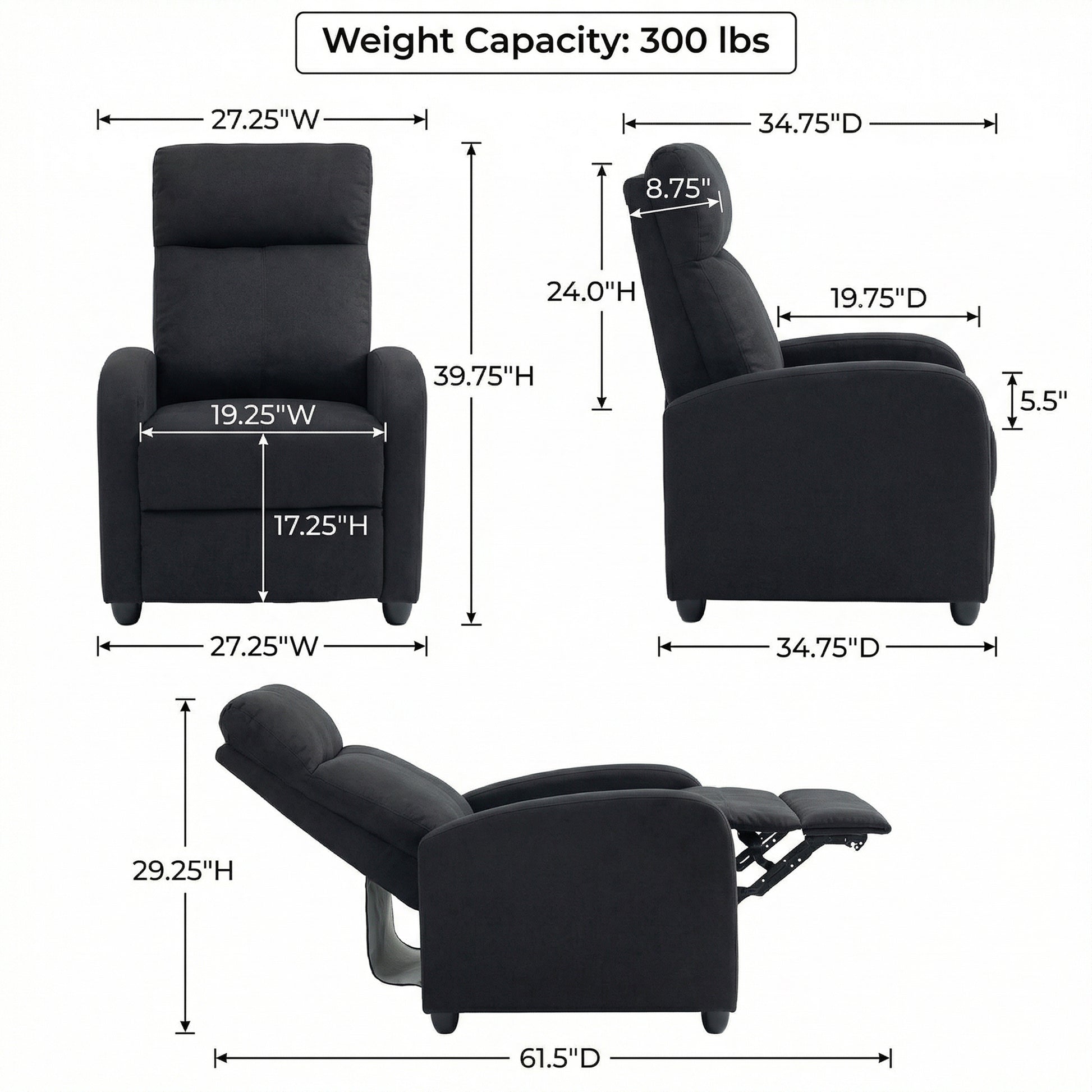 Single Recliner Sofa, Manual Home Theater Seating, Single Reclining Sofa Chair with Padded Seat for Living Room, Black