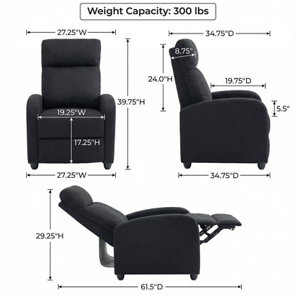 Single Recliner Sofa, Manual Home Theater Seating, Single Reclining Sofa Chair with Padded Seat for Living Room, Black