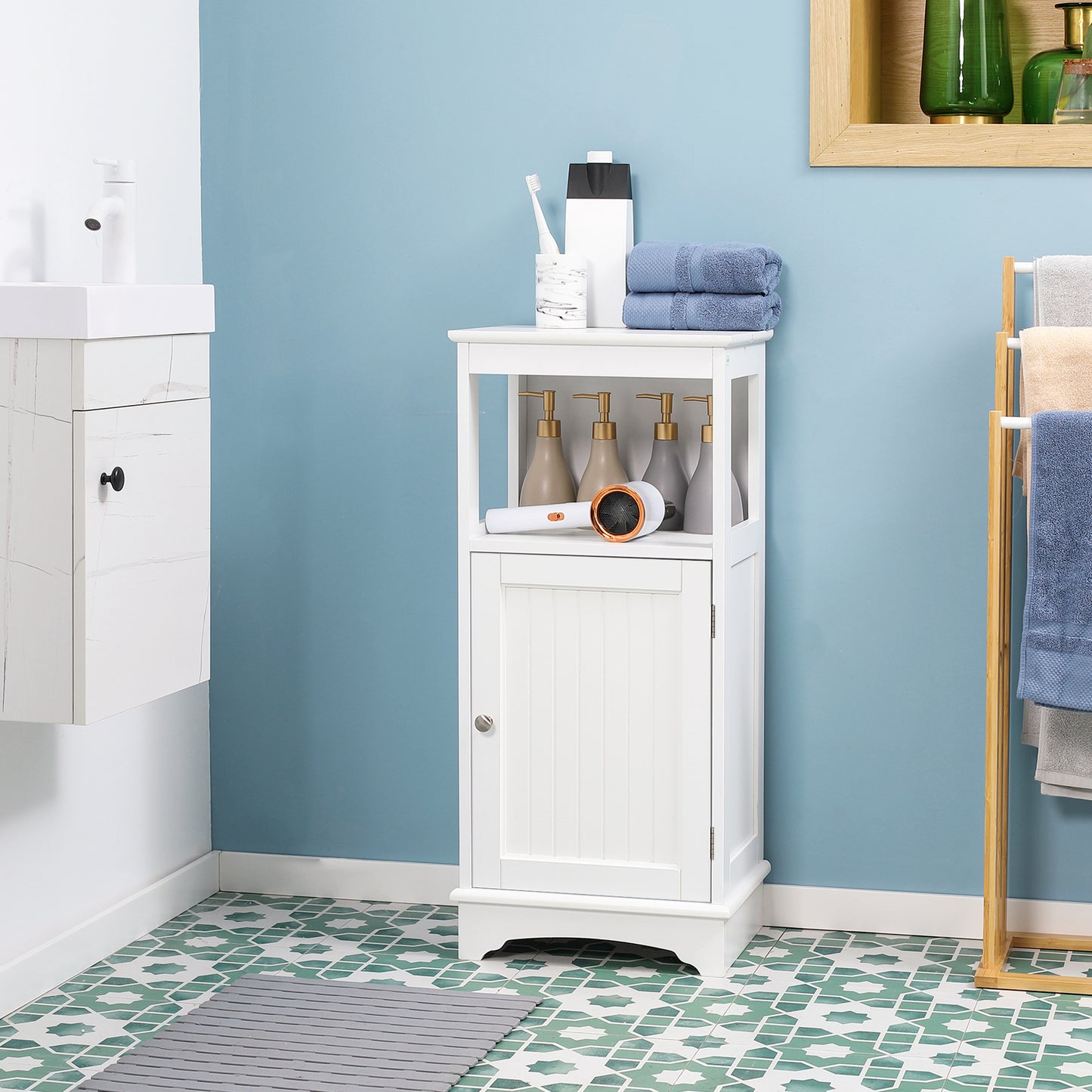 Modern Bathroom Floor Cabinet with Open Shelf, Freestanding Storage Organizer Unit with Single Door for Home Office, Living Room, White
