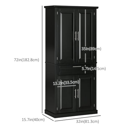 72" Kitchen Pantry Cabinet, Freestanding Storage Cabinet, 4-Door Cabinet with Drawer and Adjustable Shelves, Black