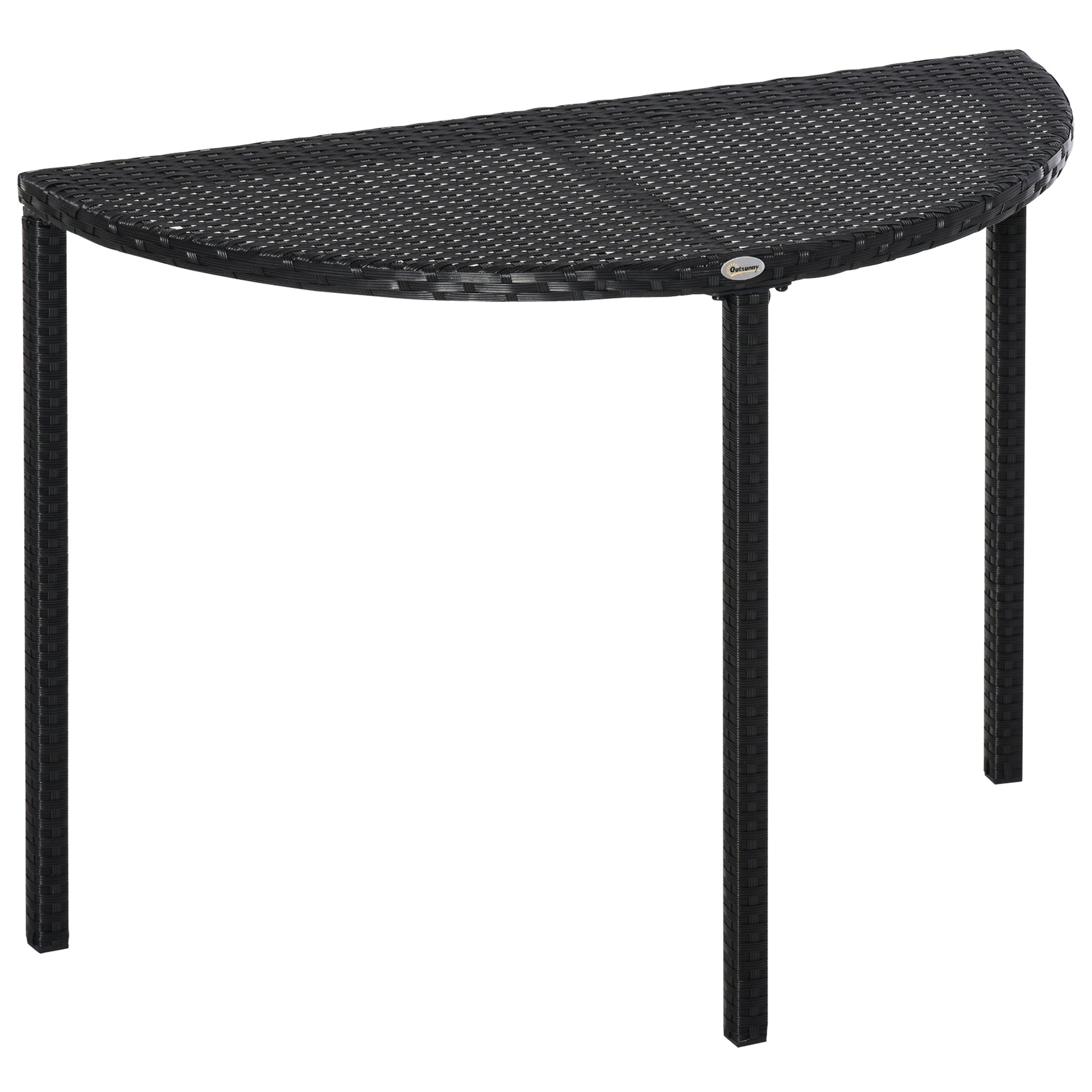 Half Round Side Table, PE Rattan Coffee Table with Metal Frame for Patio, Garden, Balcony, Black
