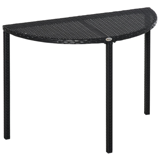 Half Round Side Table, PE Rattan Coffee Table with Metal Frame for Patio, Garden, Balcony, Black