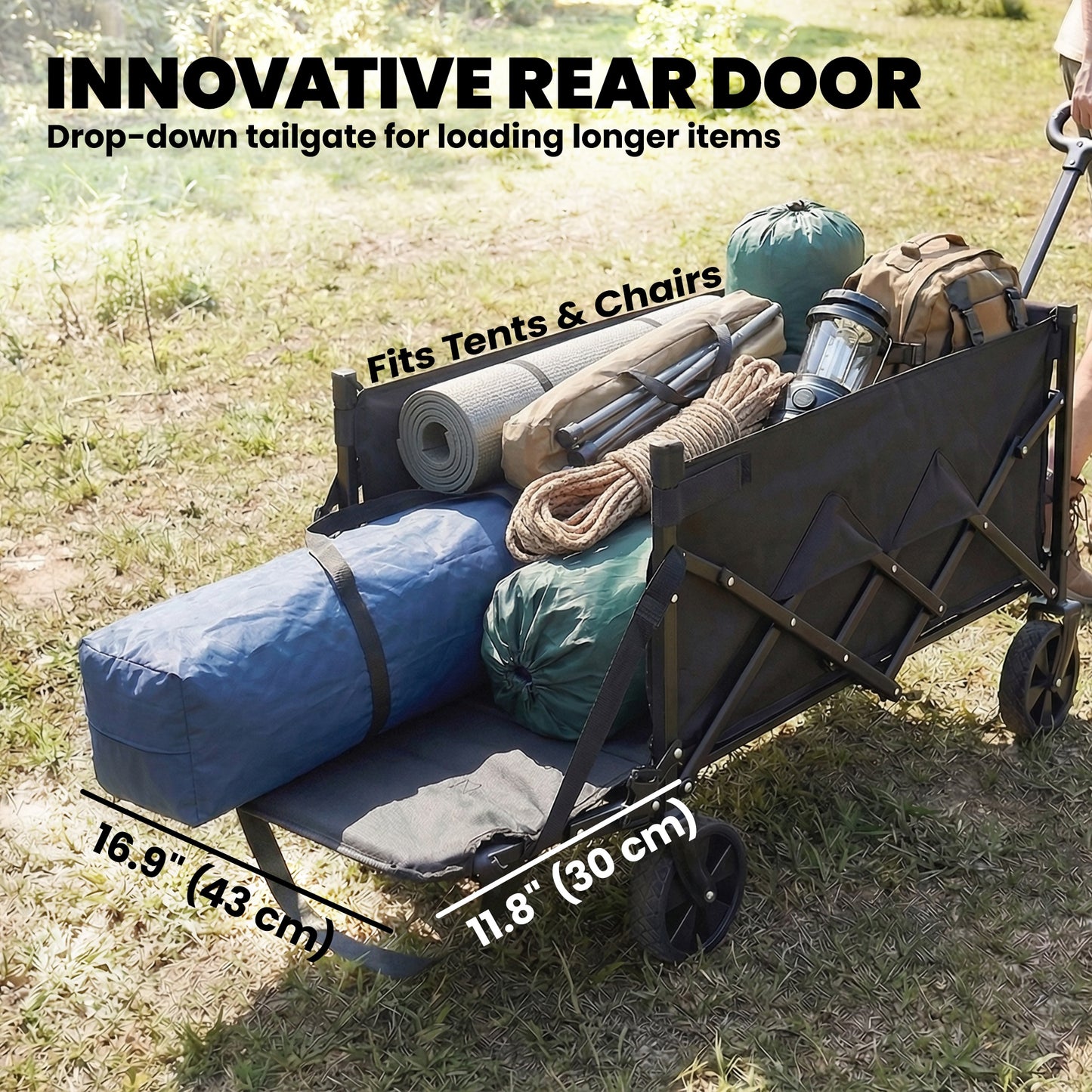 16 Gallon Folding Wagon Cart with Wheels, Heavy-Duty Collapsible Wagon with Drop-Down Tailgate, Black