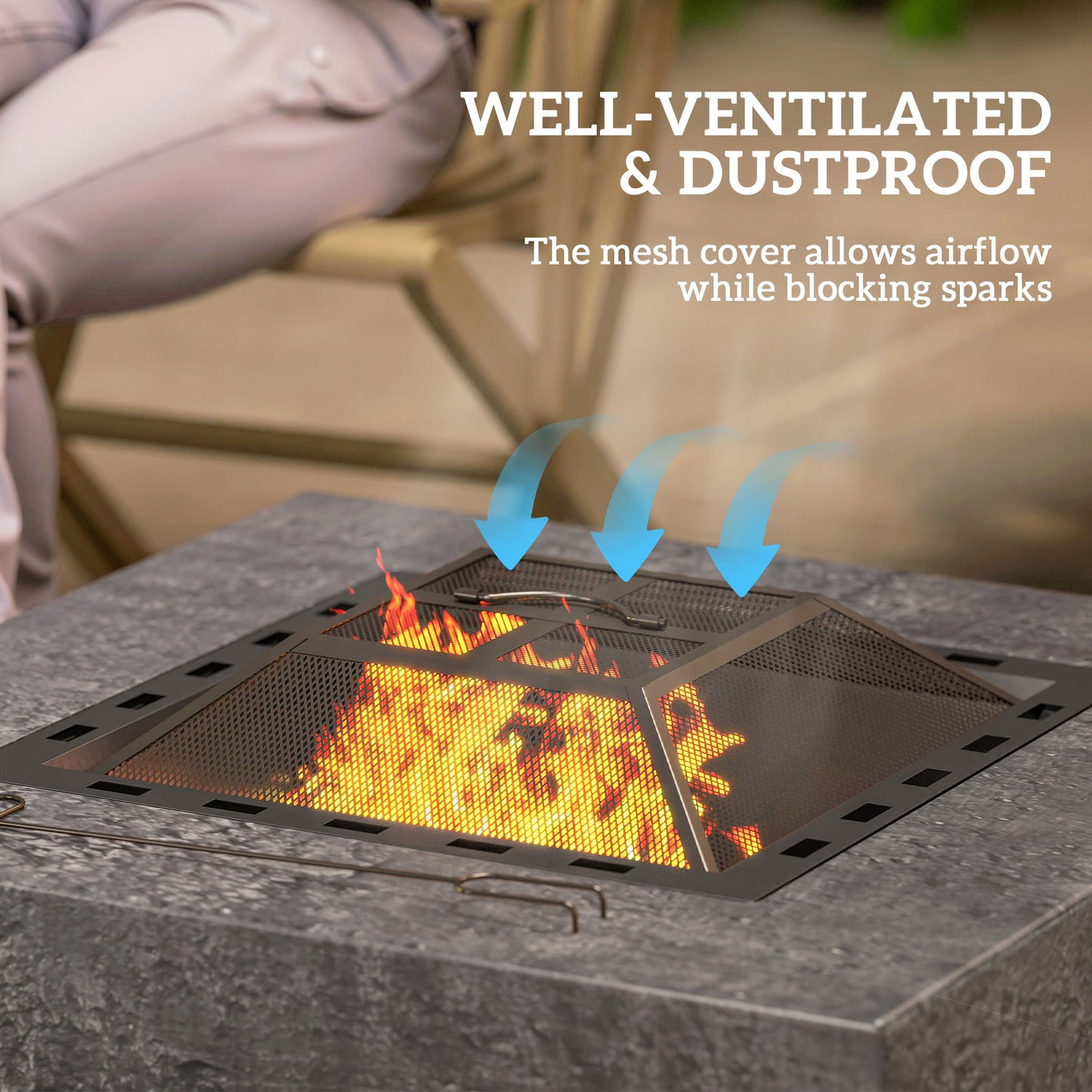 Fire Pit with Fire Poker, Wood Burning Firepit for Outside with Mesh Lid, Magnesium Oxide Stone Texture, Charcoal Grey