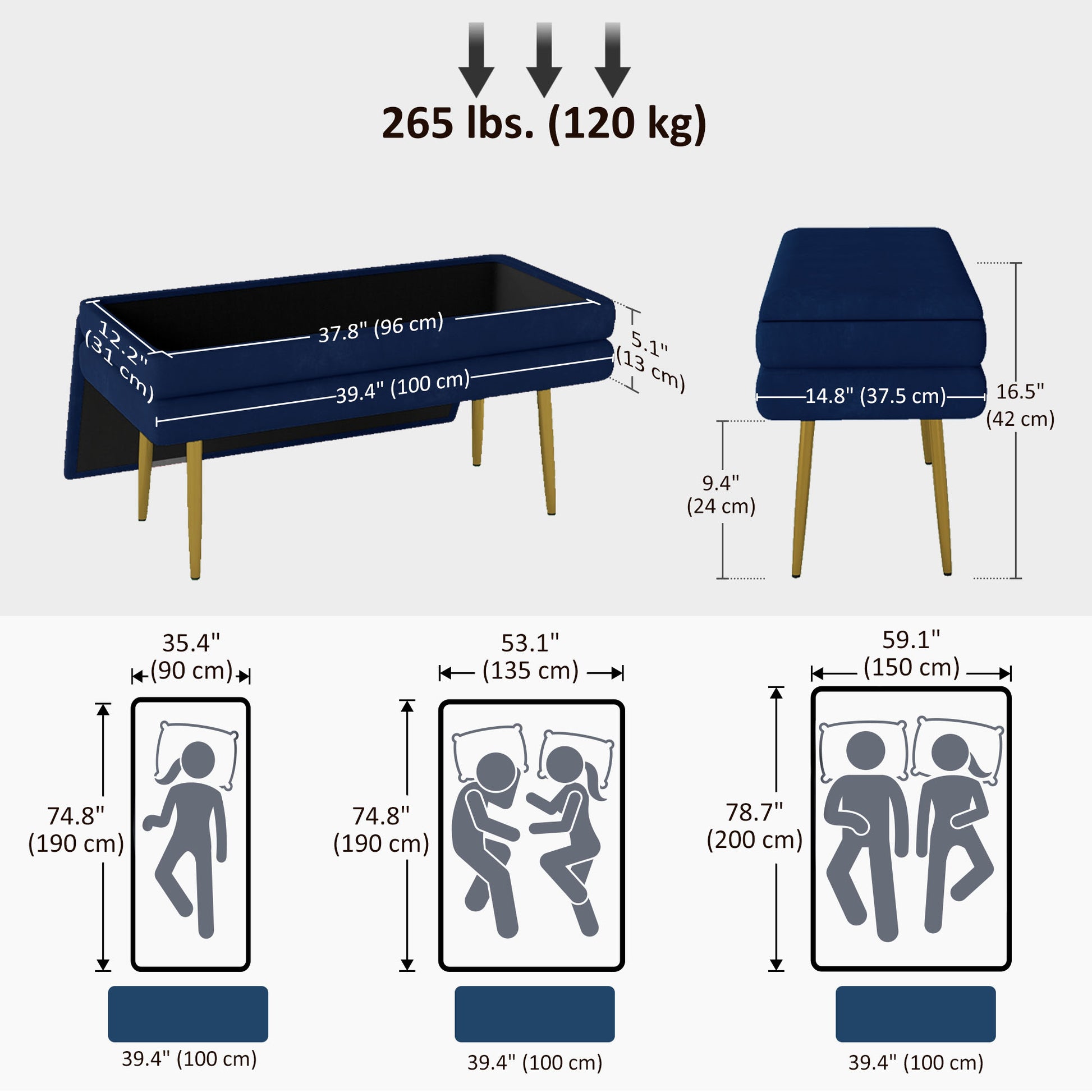 39" Storage Ottoman, Velvet End of Bed Bench with Steel Legs, Foot Stool with Storage for Bedroom, Living Room