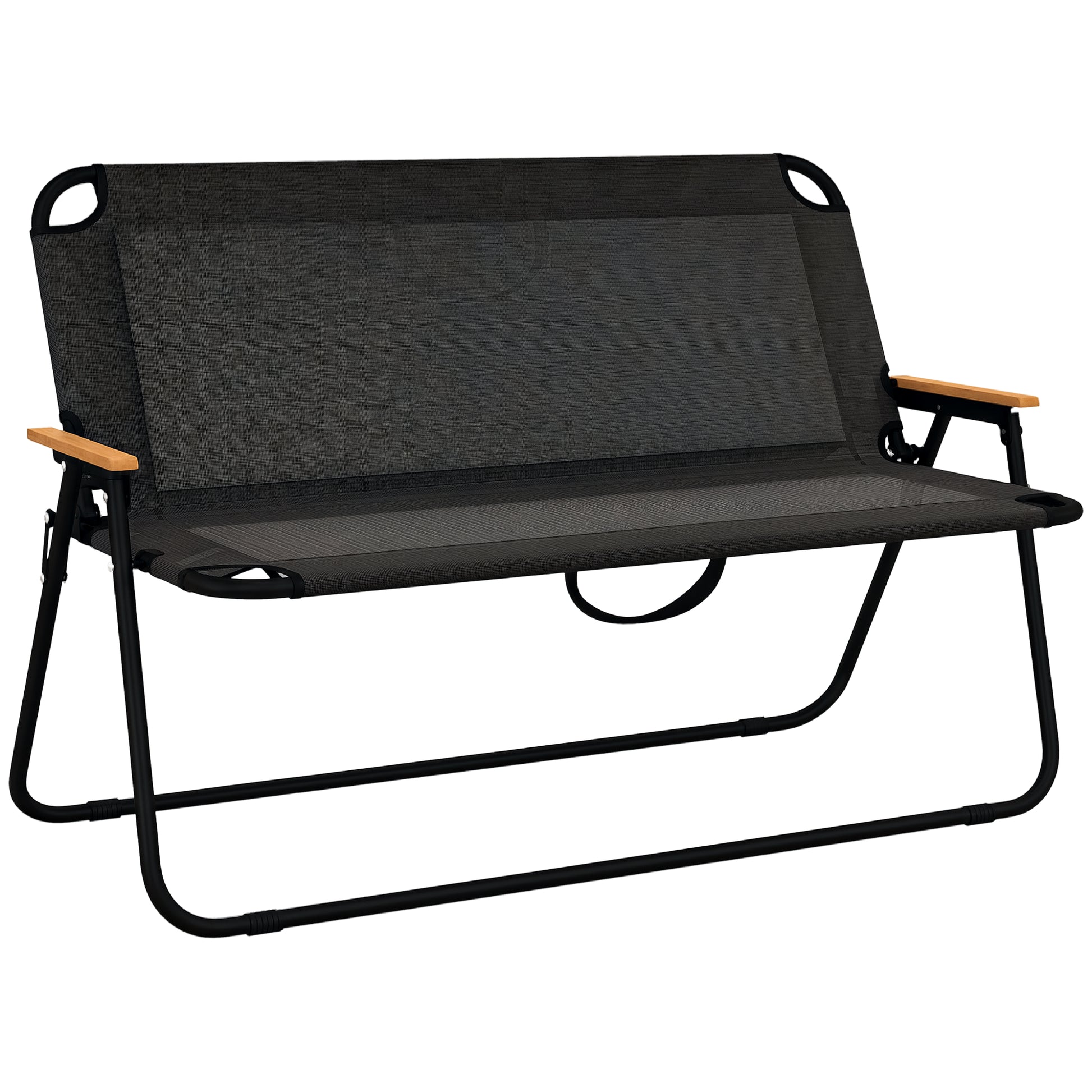 2-Seat Folding Patio Bench Camping Chair, Sports Chair with Armrest, Mesh Fabric Seat for Lawn, Black